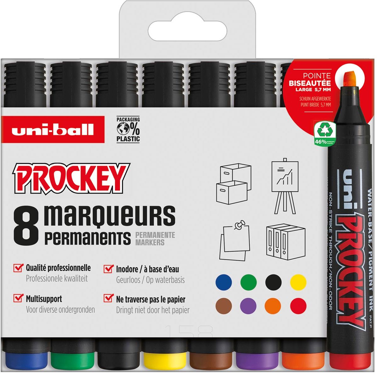 Uni-ball -  permanent marker Prockey PM-126, schuine punt, large, etui van 8 stuks