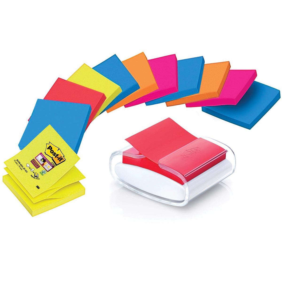 Post-it Super Sticky - Dispensador de blocs de notas para Z-Note 76x76mm transparente + 12 bloques Z-notes