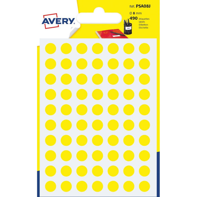 Avery - PSA08J Etichette di marcatura rotonde, diametro 8 mm, blister da 490 pezzi, giallo
