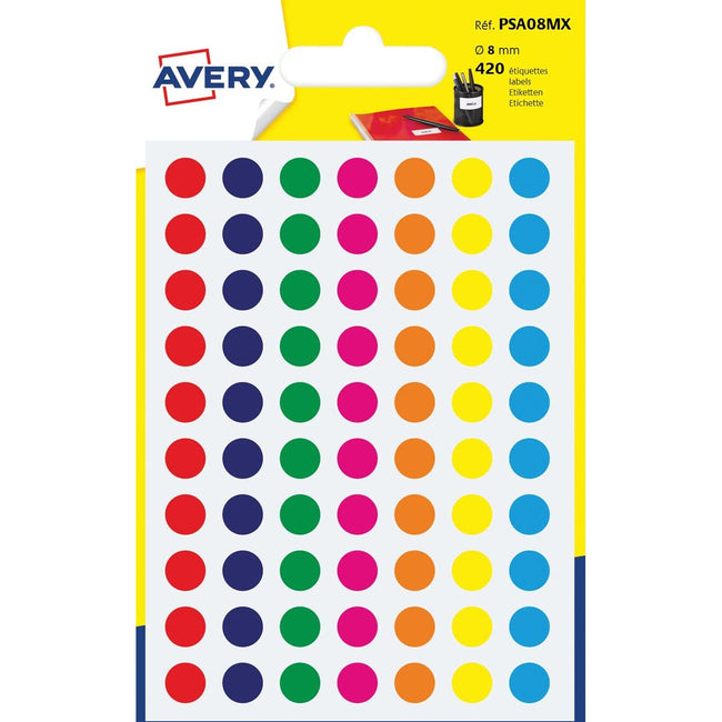Avery -  PSA08MX ronde markeringsetiketten, diameter 8 mm, blister van 420 stuks, geassorteerde kleuren