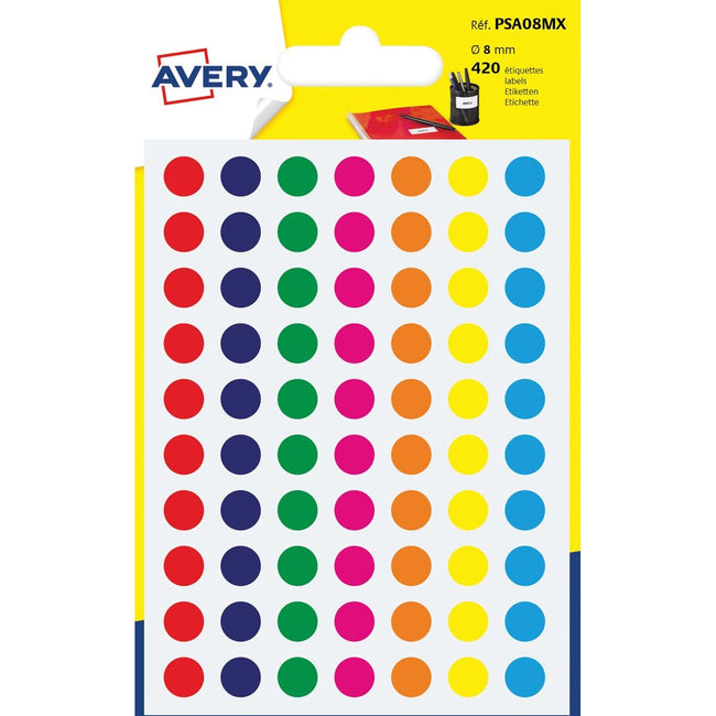 Avery - PSA08MX Runde Markieretiketten, Durchmesser 8 mm, Blasen von 420 Teilen, verschiedene Farben