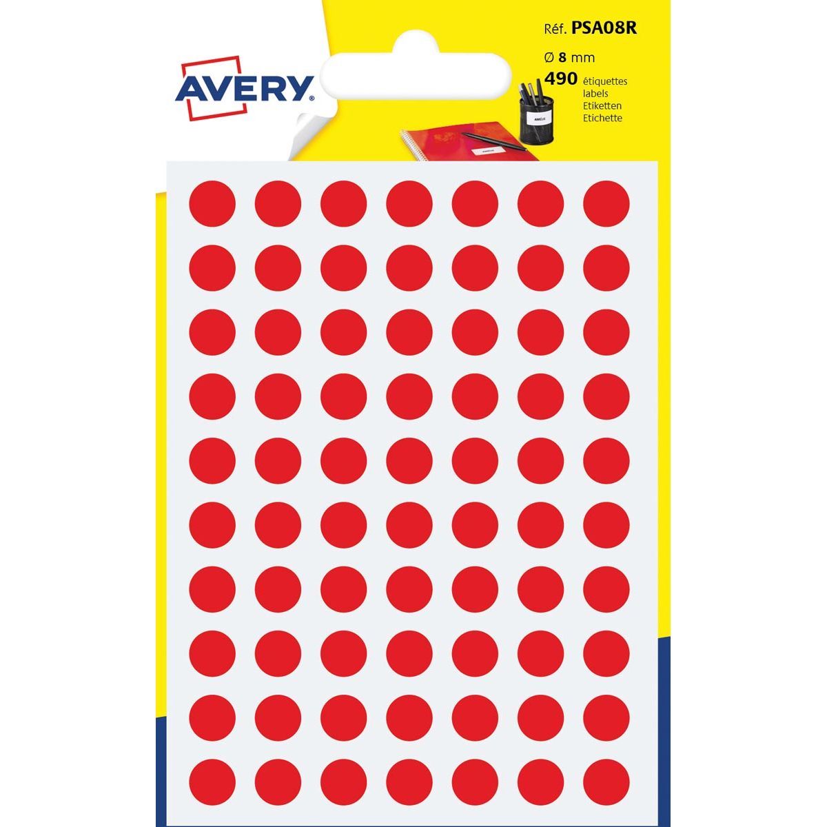 Avery - PSA08R ronde markeringsetiketten, diameter 8 mm, blister van 490 stuks, rood