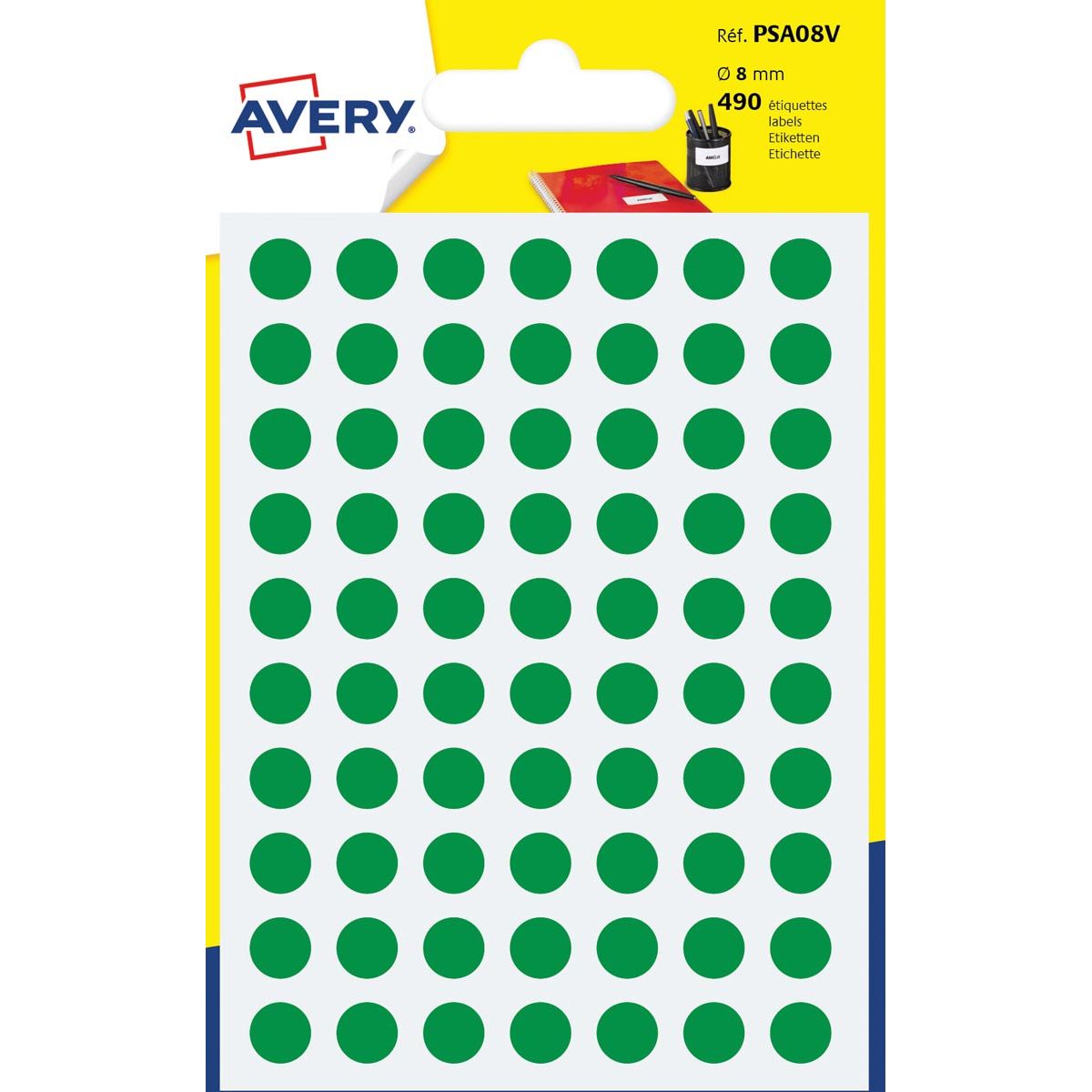 Avery - PSA08V round marking labels, diameter 8 mm, blister of 490 pieces, green