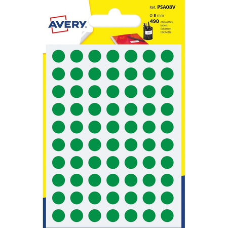 Avery - Etiquettes de marquage rondes PSA08V, diamètre 8 mm, blister de 490 pièces, vertes