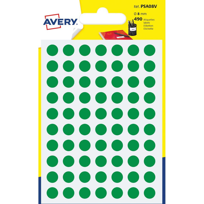 Avery - PSA08V Etichette di marcatura rotonde, diametro 8 mm, blister da 490 pezzi, verde