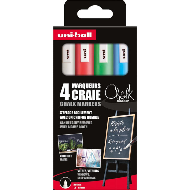 Uni-ball - krijtmarker, ronde punt 1,8 - 2,5 mm, etui van 4 stuks, assorti