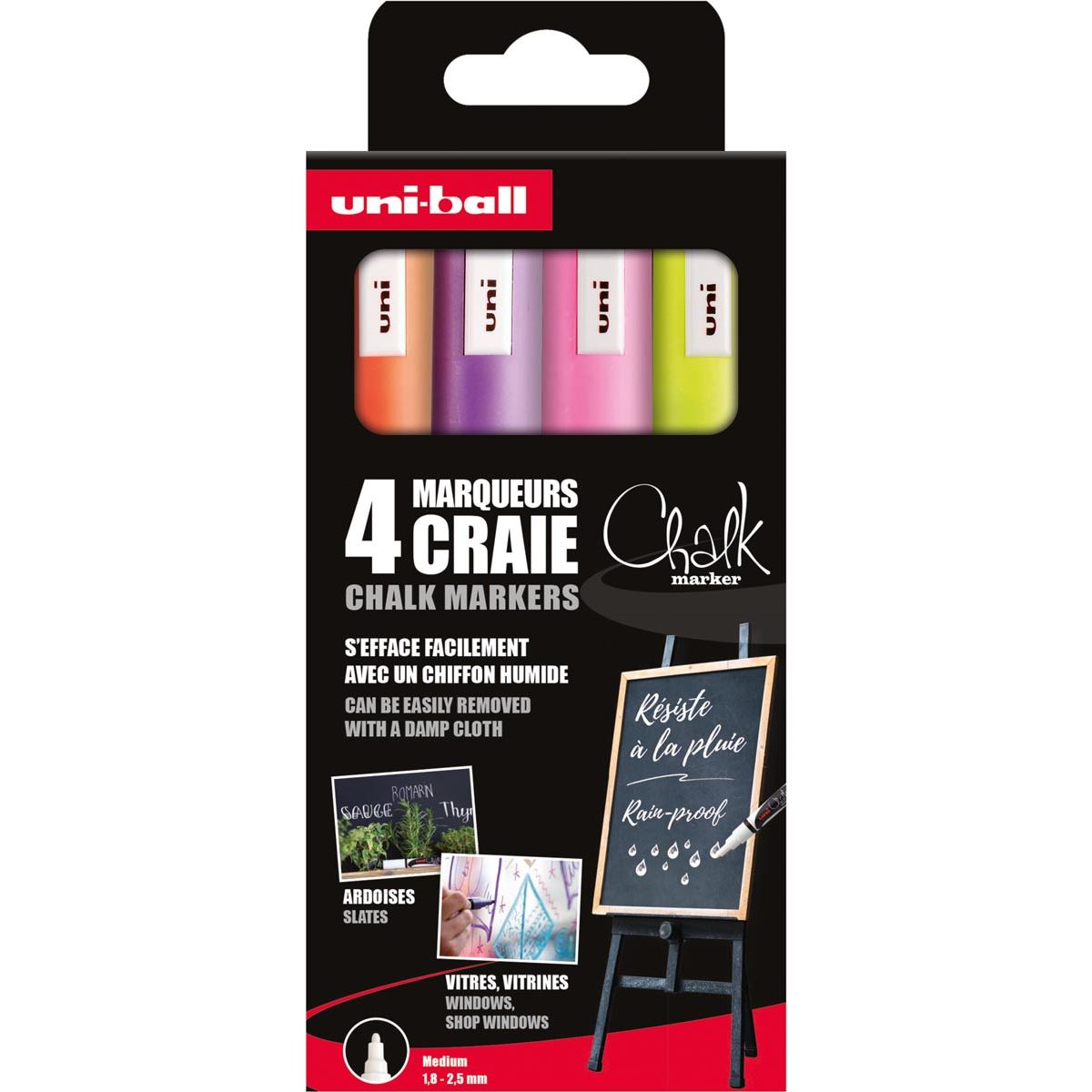 Uni -ball - Kreidemarker, Rundpunkt 1,8 - 2,5 mm, Penny von 4 Teilen, Assorti