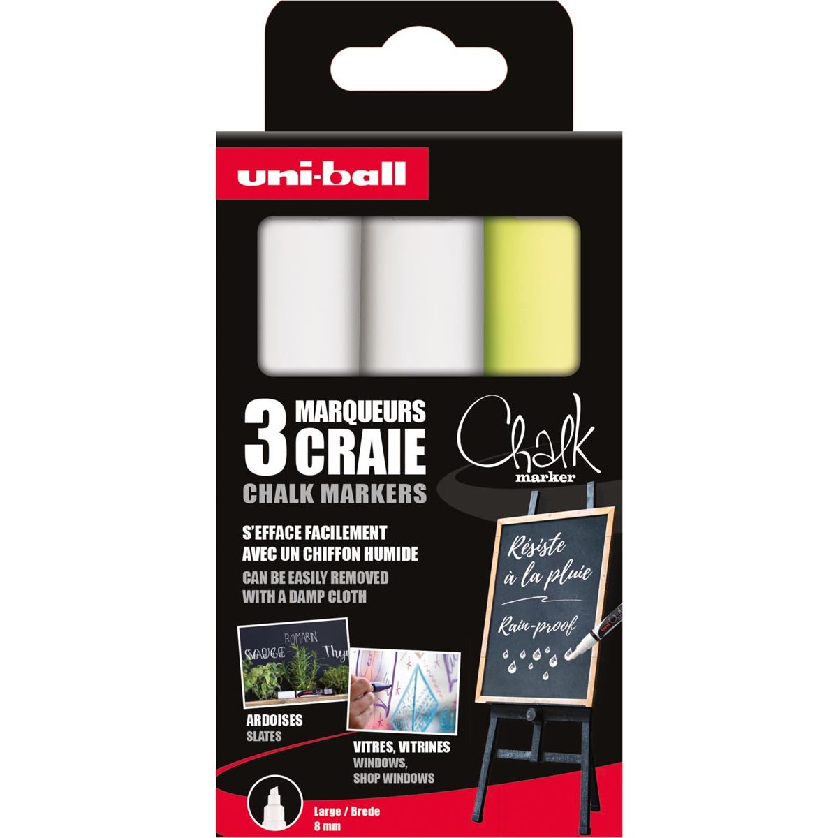 Uni-ball -  krijtmarker, beitelvormige punt 8 mm, etui met 3 stuks, assorti