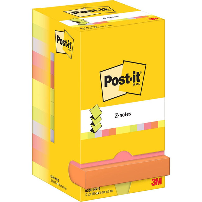 Post-it - Z-notes, 100 vel, ft 76 x 76 mm, pak van 12 blokken, assorti neonkleuren