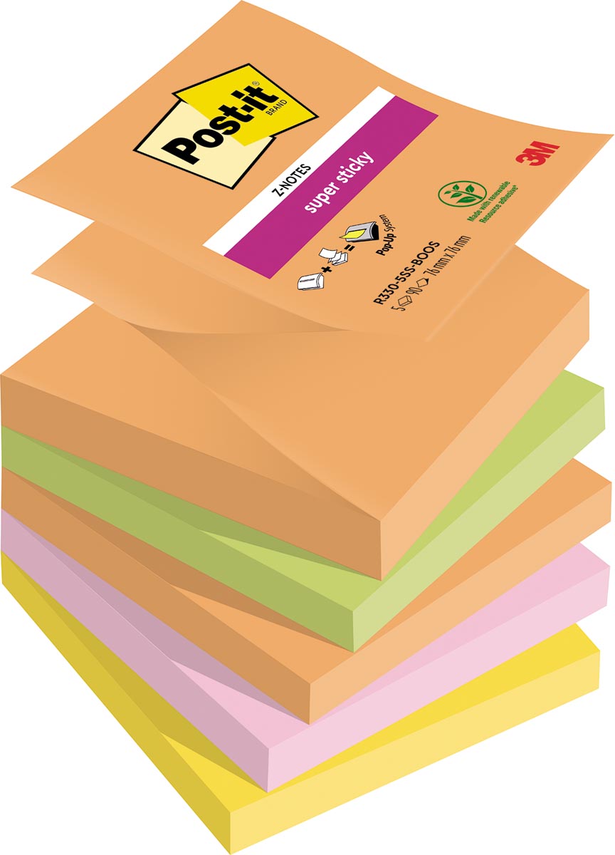 Post-it - Super Sticky Z-notes Boost, 90 vel, ft 76 x 76 mm, geassorteerde kleuren, pak van 5 blokken