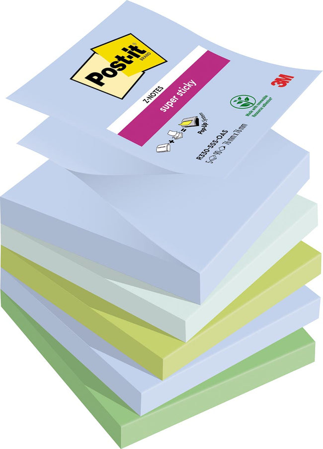 Post-it-super collante zotes Oasis, 90 feuilles, ft 76 x 76 mm, couleurs assorties, paquet de 5 blocs