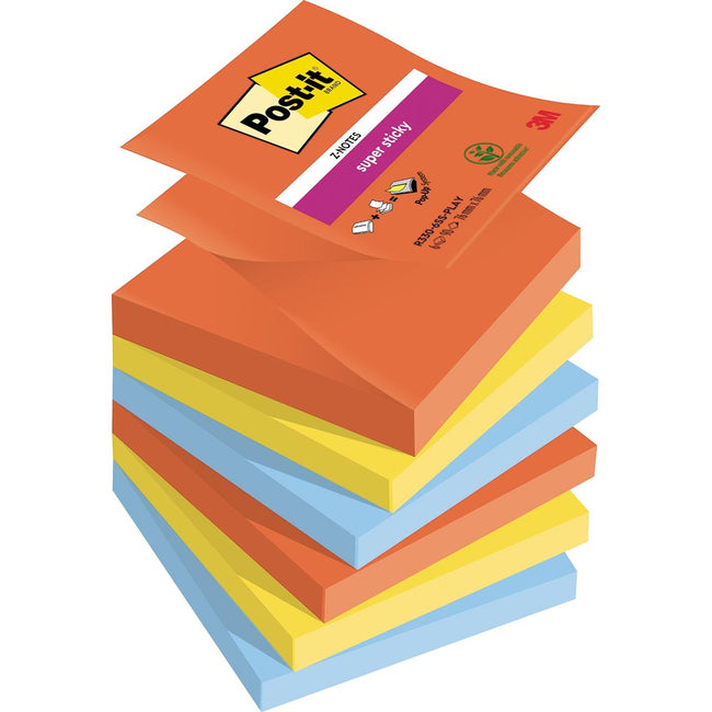Post-it -  Super Sticky Z-notes Playful, 90 vel, ft 76 x 76 mm, geassorteerde kleuren, pak van 6 blokken