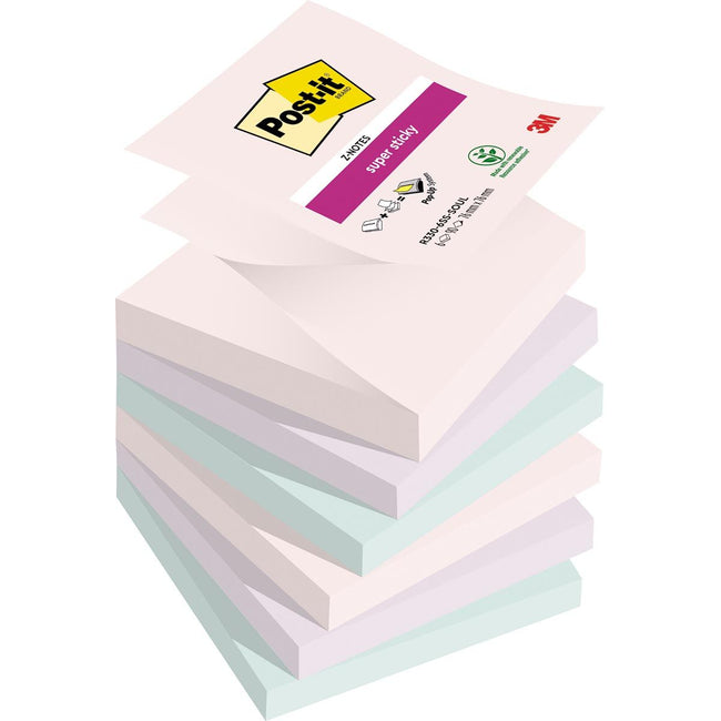 Post-it -  Super Sticky Z-notes Soulful, 90 vel, ft 76 x 76 mm, geassorteerde kleuren, pak van 6 blokken