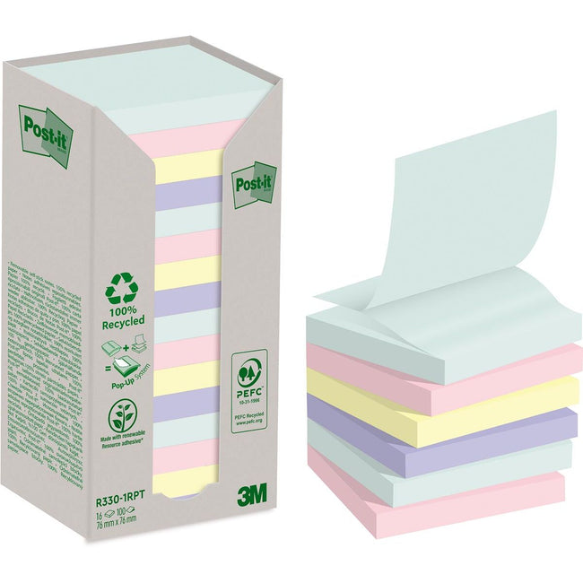 Post-it -  recycled Z-notes, 100 vel, ft 76 x 76 mm, assorti, pak van 16 blokken