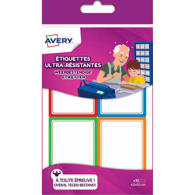 Avery - Family weerbestendige etiketten, ft 4,5 x 6,5 cm, etui met 16 etiketten in geassorteerde kleuren