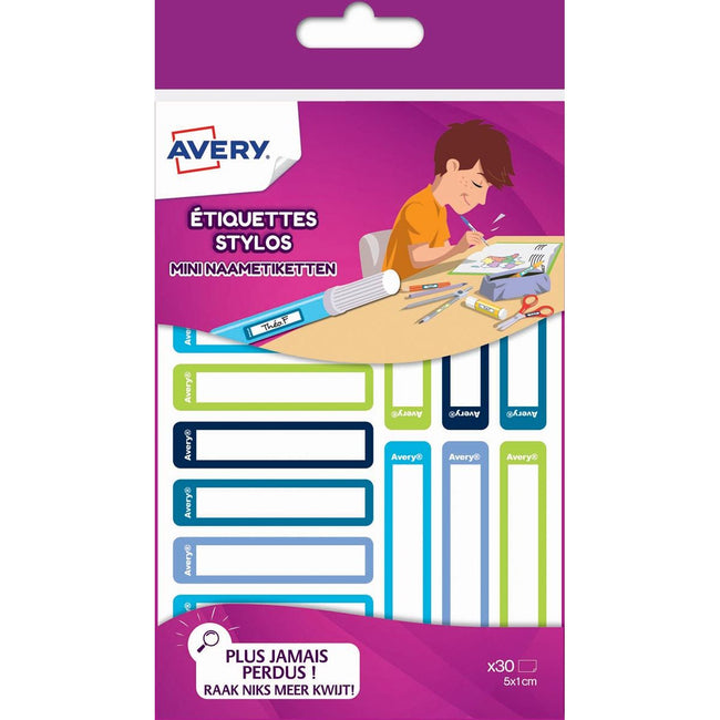 Avery - Family mini name labels, ft 5 x 1 cm, blue/green, hangable pouch with 30 labels