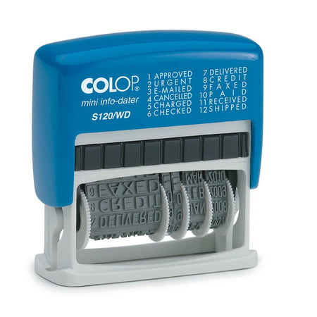 Colop -  tekststempel Mini-Info Dater S 120/WD, met datum en 12 verschillende woorden, nederlands