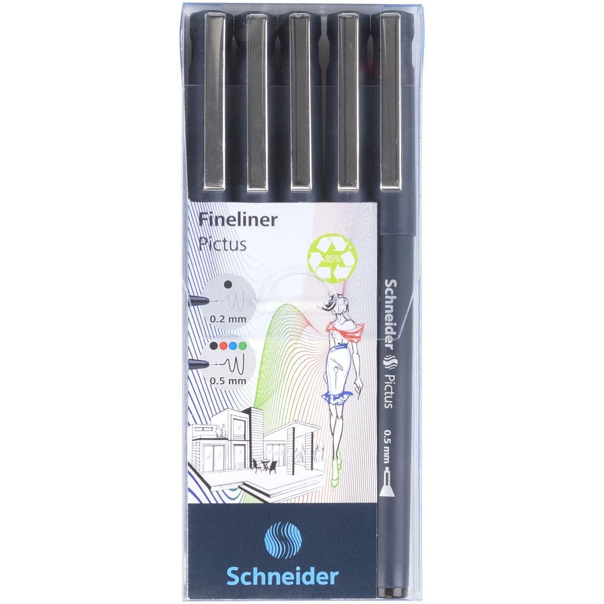 Schneider -  fineliner Pictus, etui van 5 stuks, assorti