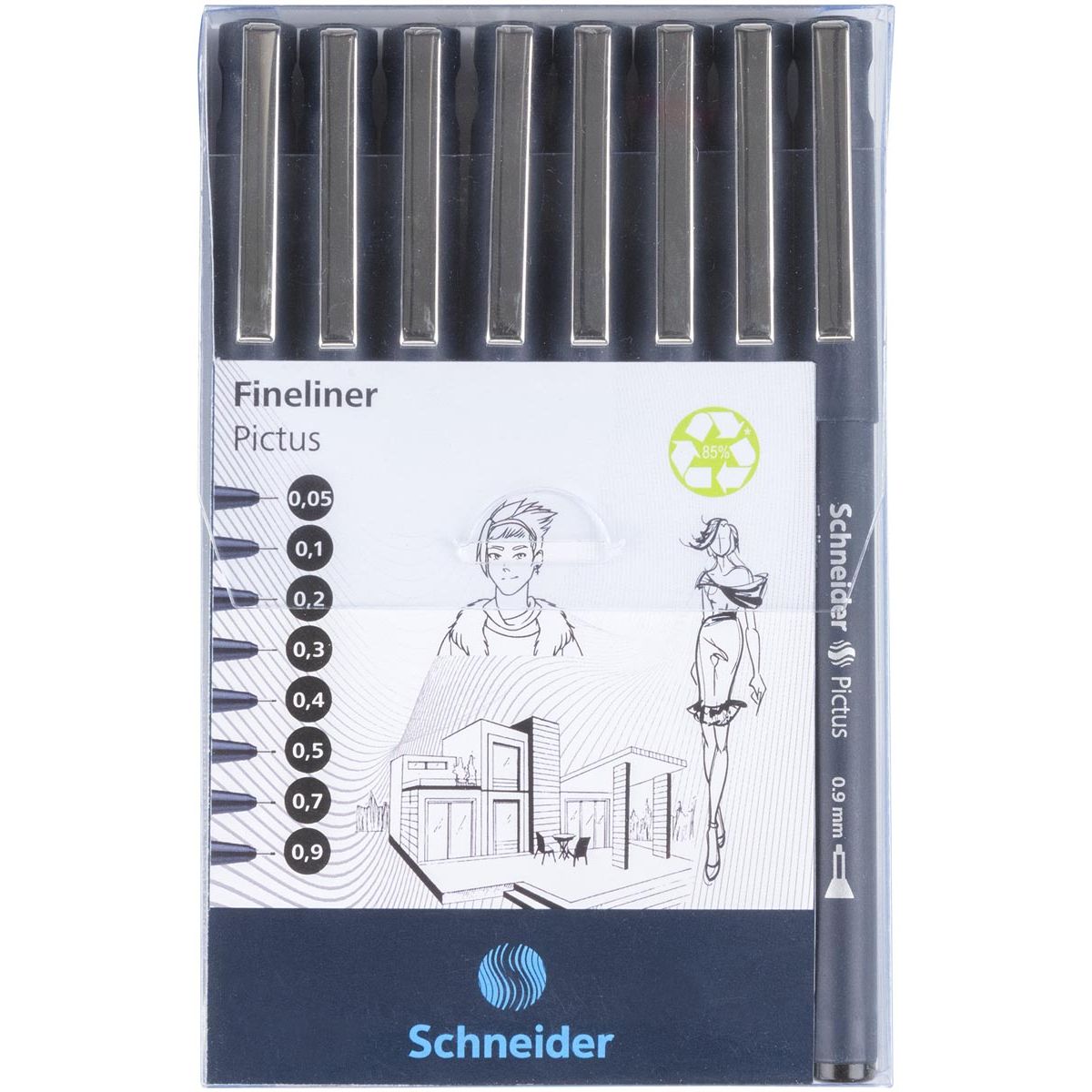 Schneider - Trousse Fineliner Pictus noire de 8 pièces