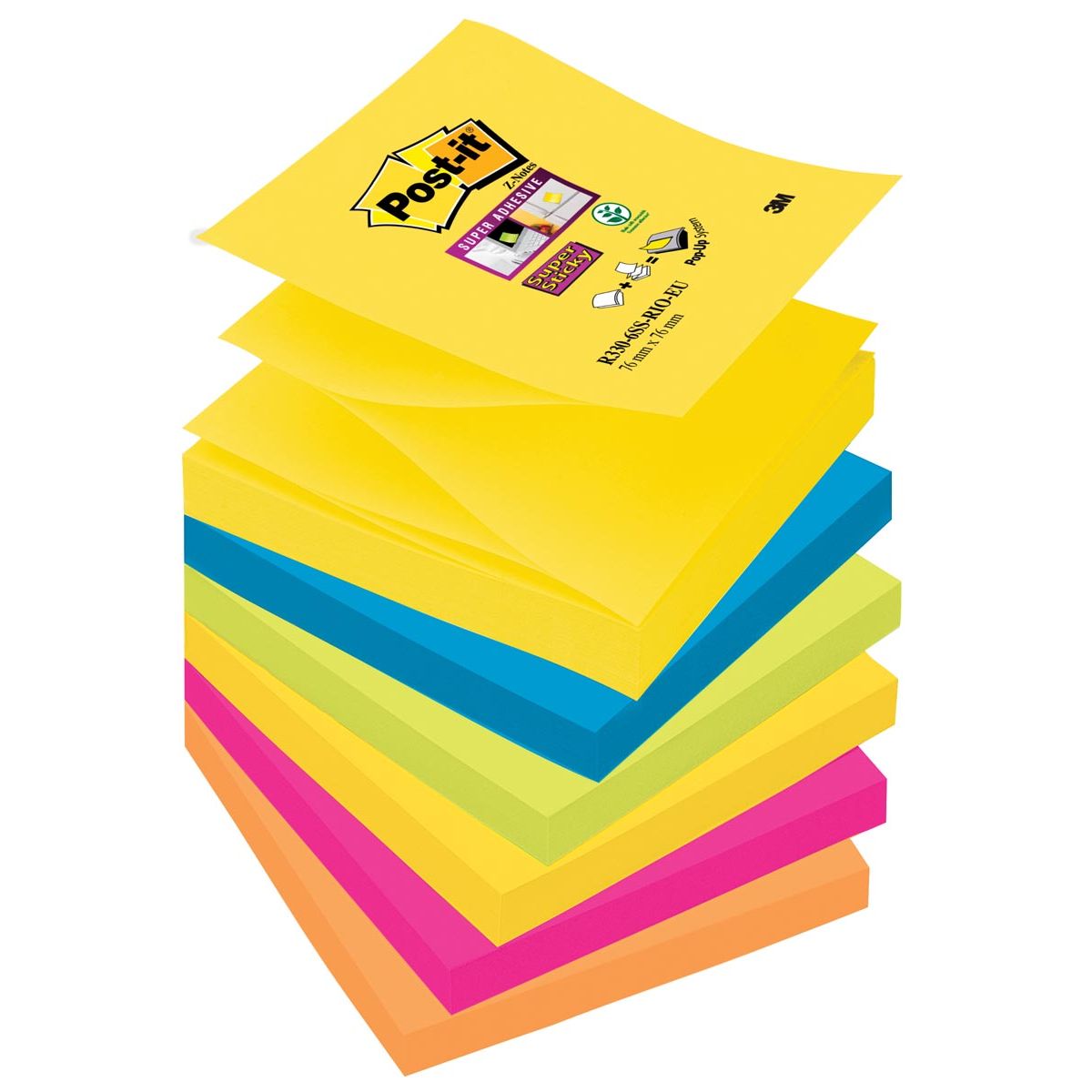 Post-it Super Sticky -  Super Sticky Z-notes Carnival, 90 vel, ft 76 x 76 mm, pak van 6 blokken