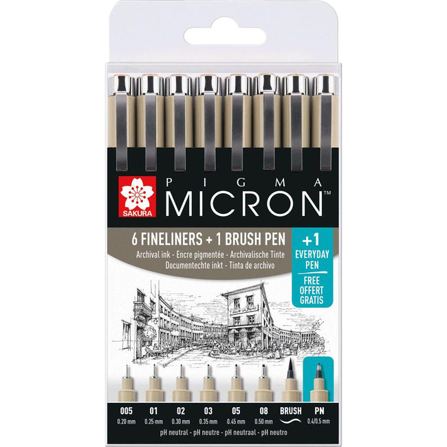 Sakura - Zeichnen von Stift Pigma Mikron Set von 7+1, Schwarz