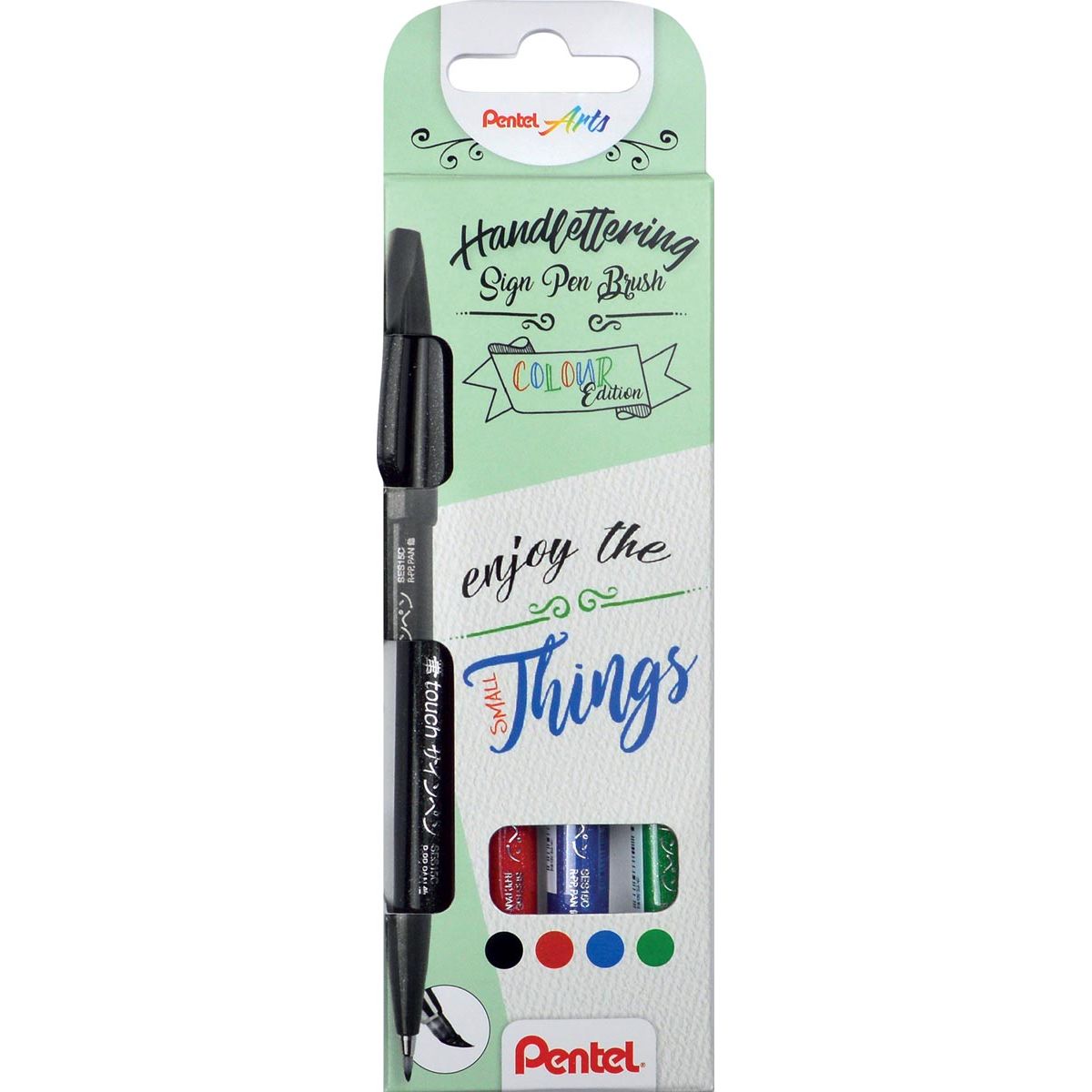 Pentel -  brushpen Sign Pen Brush Touch, kartonnen etui met 4 stuks: zwart, blauw, rood en groen