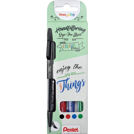 Pentel -  brushpen Sign Pen Brush Touch, kartonnen etui met 4 stuks: zwart, blauw, rood en groen