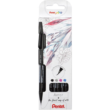 Pentel -  brushpen Artist, kartonnen etui met 4 stuks: zwart, grijs, turkoois en roze