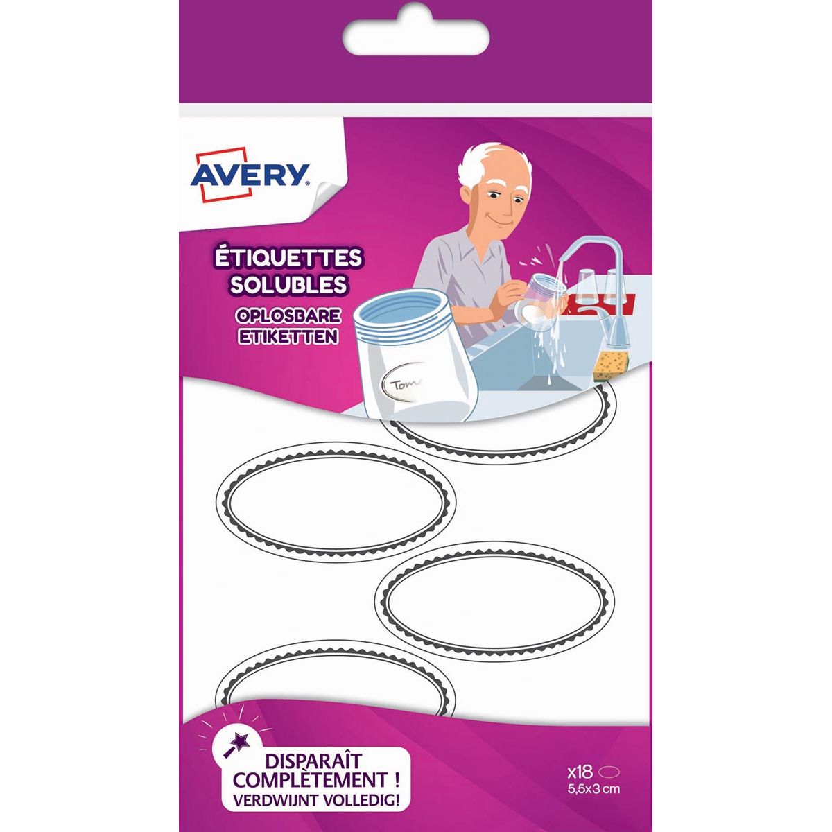 Avery - Etichette solubili ovali Family, ft 5,5 x 3 cm, busta appendibile con 18 etichette