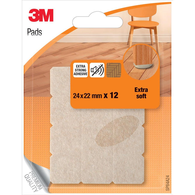 3M - Felt pads, Extra soft, ft 24 x 22 mm, blister of 12 pieces