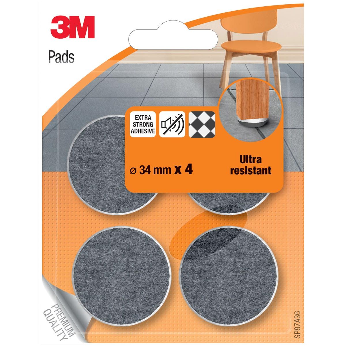 3M - protective floor pads, felt, diameter 34 mm, blister of 4 pieces