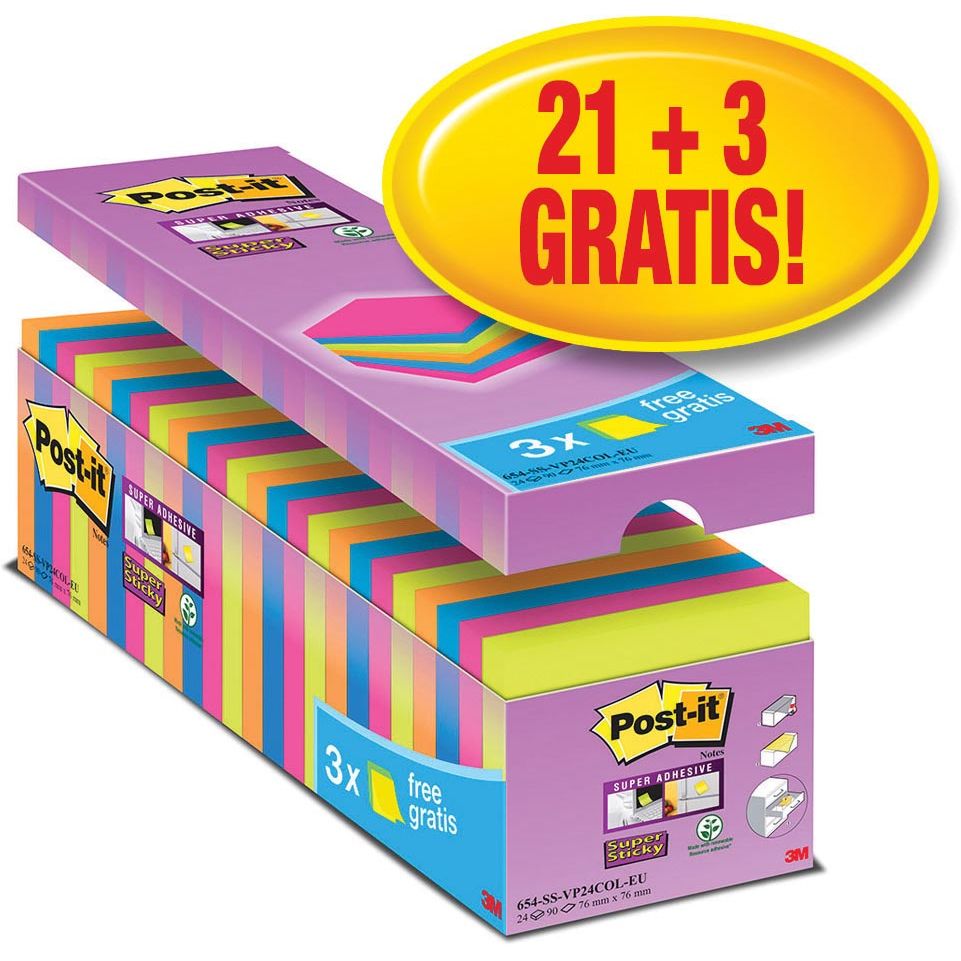 Post-it Super Sticky -  super Sticky notes, 90 vel, ft 76 x 76 mm, geassorteerde kleuren, pak van 21 blokken + 3 gratis