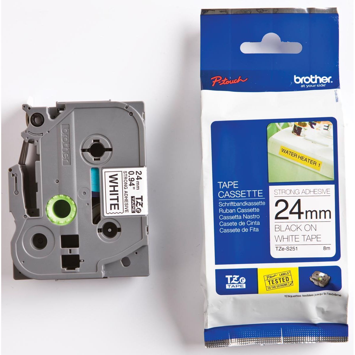 Brother - TZe e per P-Touch 24 mm, nero su bianco, adesivo extra