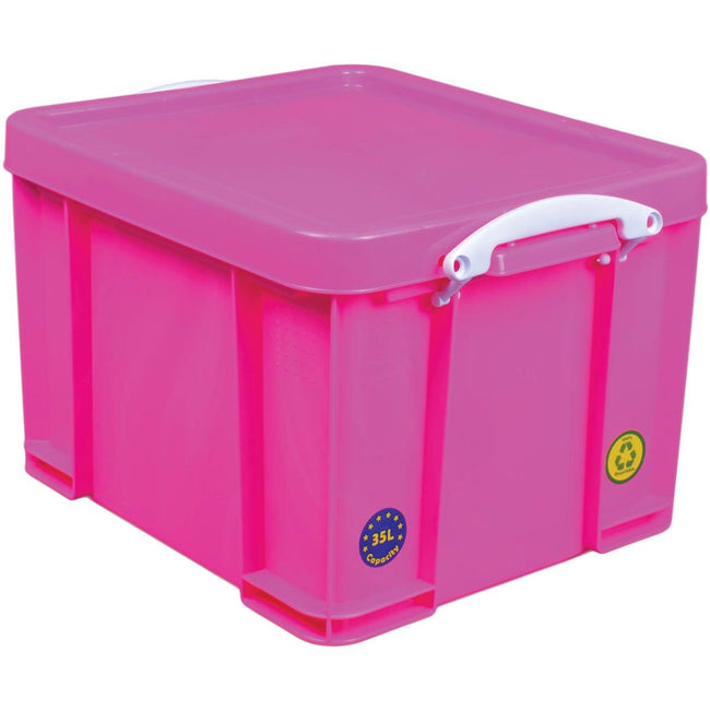 Really Useful Box – Box Aufbewahrungsbox 35 Liter, neonpink mit weißen Griffen