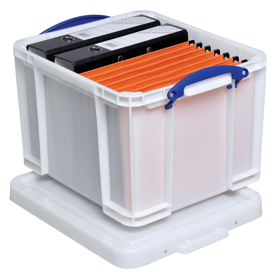 Really Useful Box - Boîte de rangement Box 35 litres, blanche avec poignées bleues