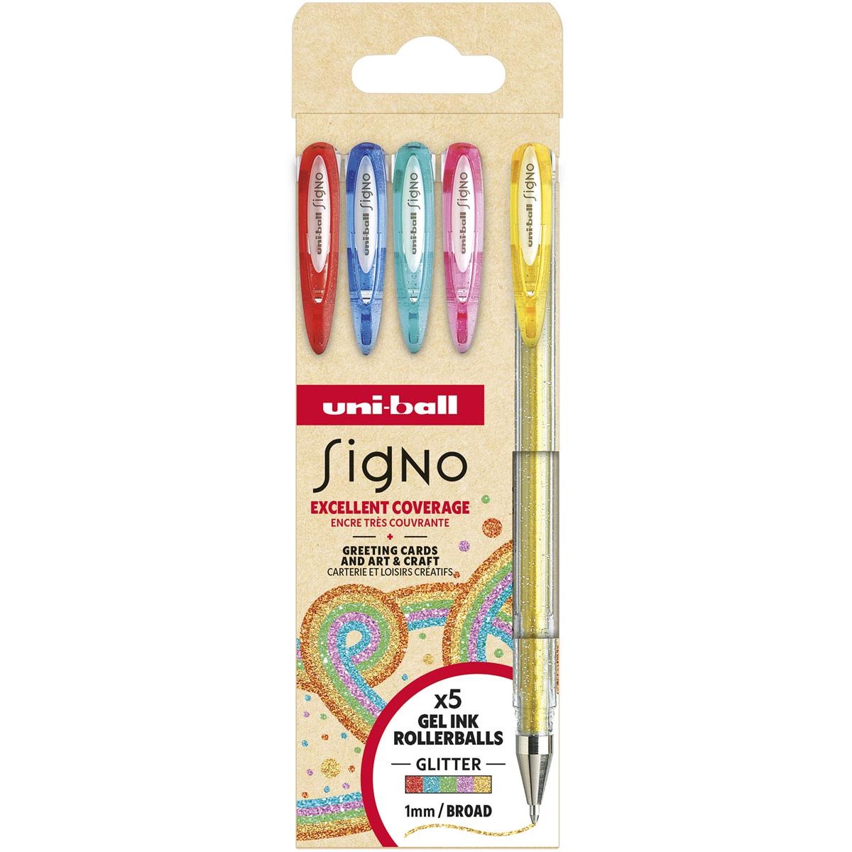 Uni-ball - roller Signo Glitter, punta larga, colori assortiti, scatola da 5 pezzi