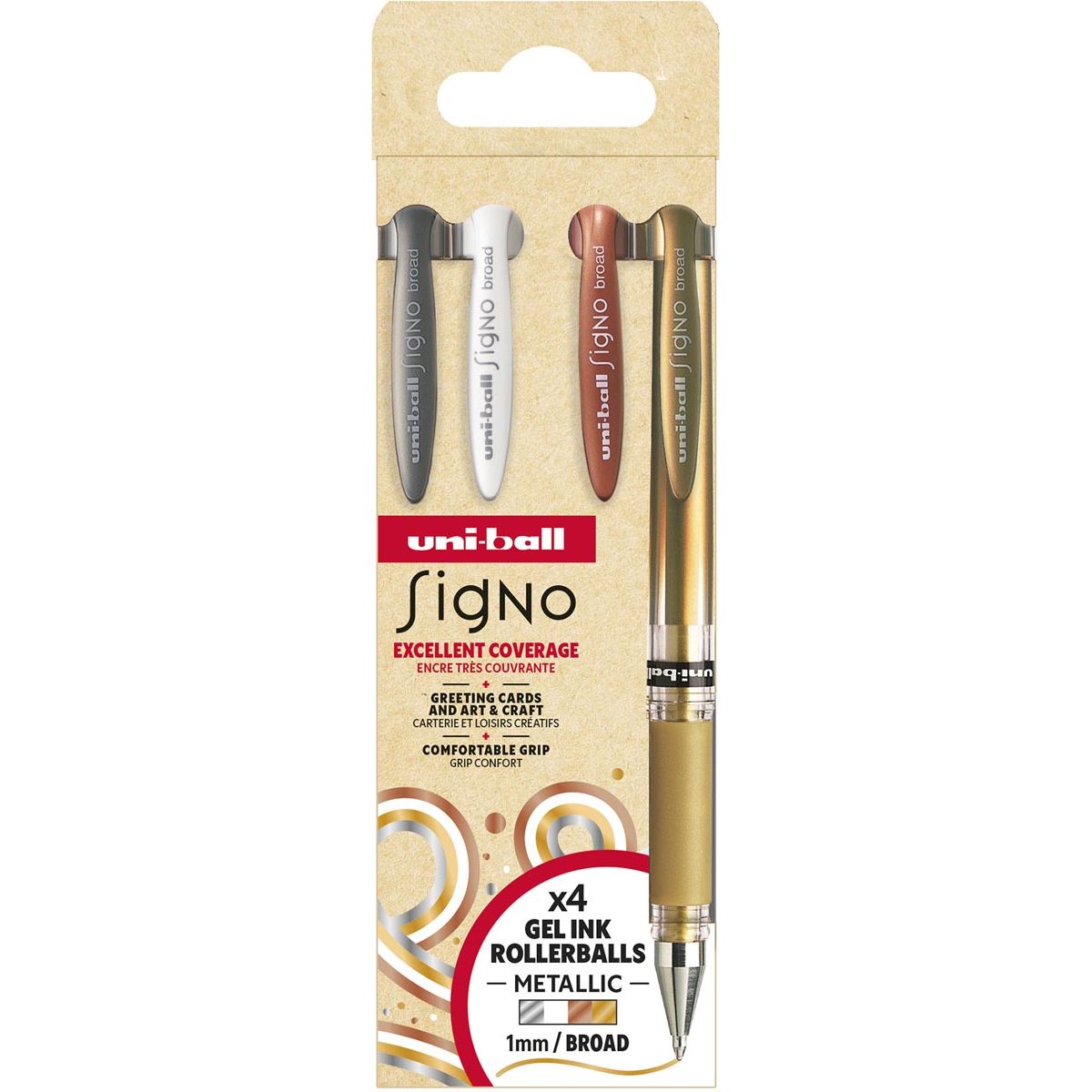Uni-ball - roller Signo Broad Creative, punta larga, confezione da 4 pezzi: argento, bianco, bronzo, oro