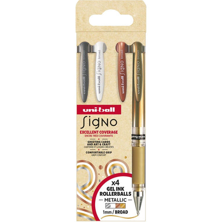 Uni-ball - roller Signo Broad Creative, punta larga, confezione da 4 pezzi: argento, bianco, bronzo, oro