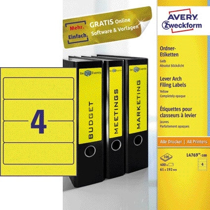 Avery Zweckform - Contre-étiquette large 61x192mm autocollante jaune 100 feuilles | 5 pièces