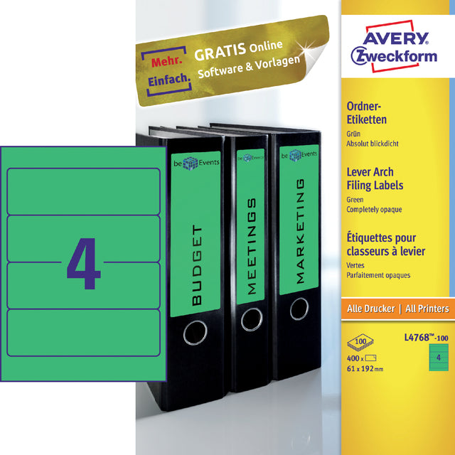 Avery Zweckform - Étiquette de tapis Avery Wide 61x192mm auto-adhésif vert | Box A 100 feuilles | 5 pièces