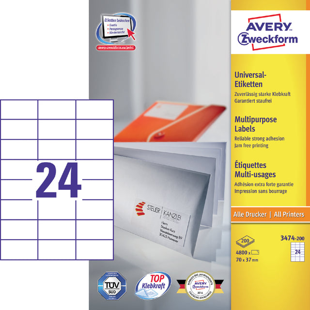 Avery Zweckform - Zweckform 3474, Universele etiketten, Ultragrip, wit, 200 vel, 24 per vel, 70 x 37 mm