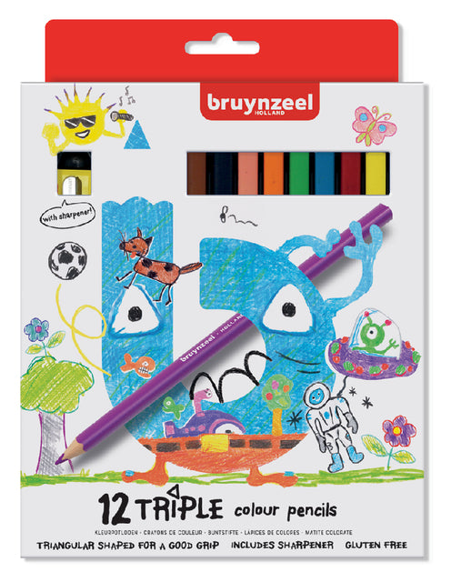 Bruynzeel Kids - Kids kleurpotloden Triple, blister van 12 geassorteerde kleuren