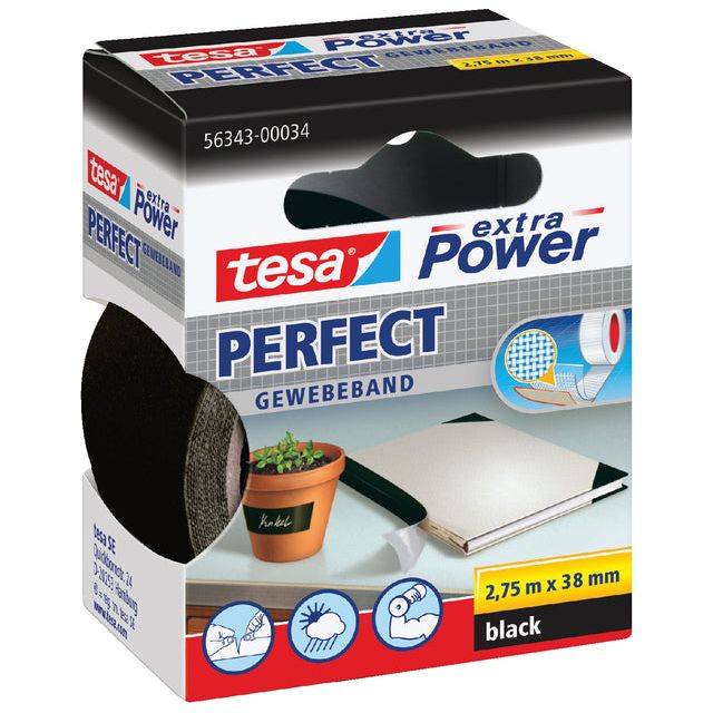 Tesa - Textil perfekt 2,75mx38mm schwarz | 1 Stück | 6 Stück