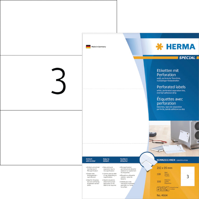 Herma - Herma 4664 210x99mm Étiquette perforée blanche 300st | Blister une feuille de 100