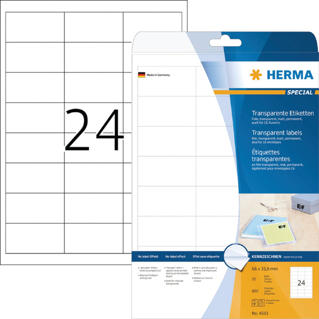 Herma - Herma 4681 66x33,8 mm Etikett transparent 600 Stücke | Blasen Sie ein 25 Blatt