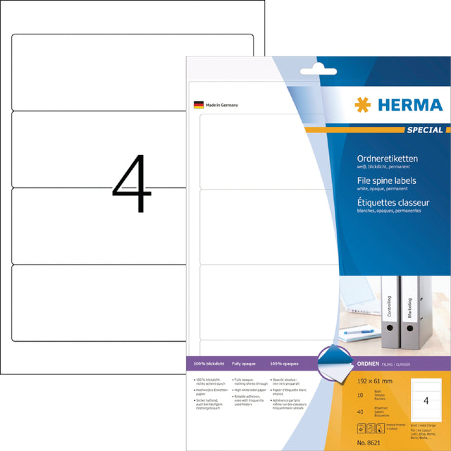 HERMA - Rugetiket 8621 breed 61x192mm zelfklevend wit | 70 stuks