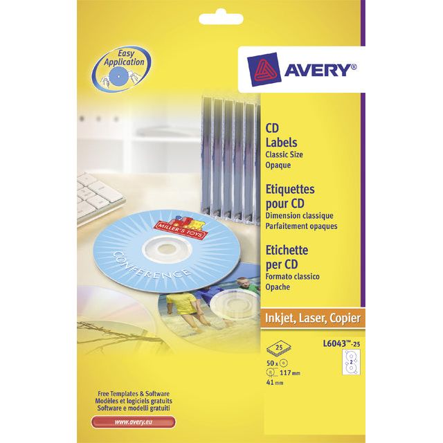 Avery - Beschriftung Avery L6043-25 CD Weiß 50 Stück | Pack von 25 Blättern