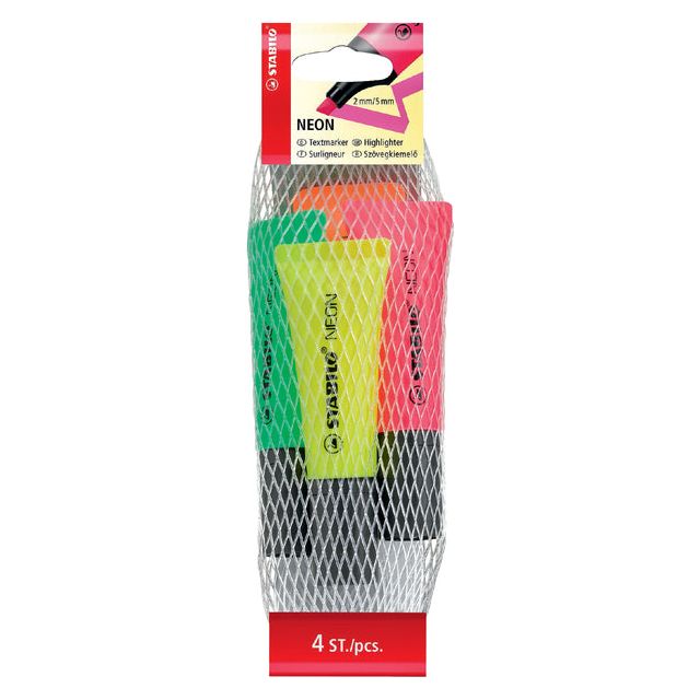 STABILO - NEON markeerstift, etui van 4 stuks in geassorteerde kleuren