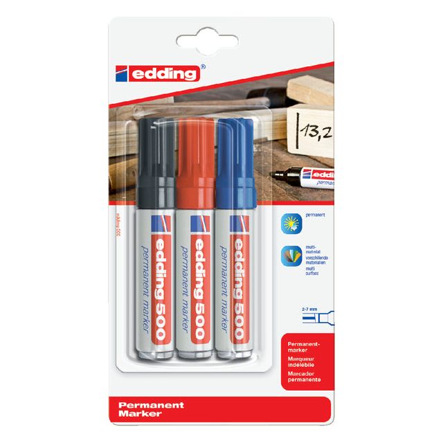 Edding - permanente marker e-500 geassorteerde kleuren, blister van 3 stuks