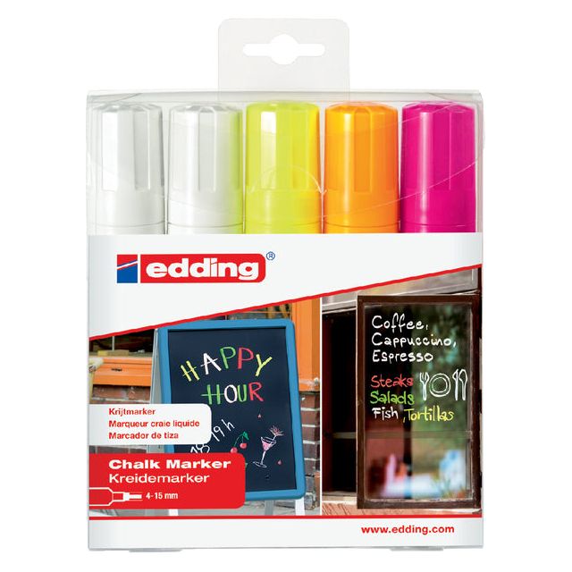 Edding - krijtmarker e-4090 schuine punt etui van 5 stuks: 2 x wit, 1 x geel, 1 x oranje en 1 x roze